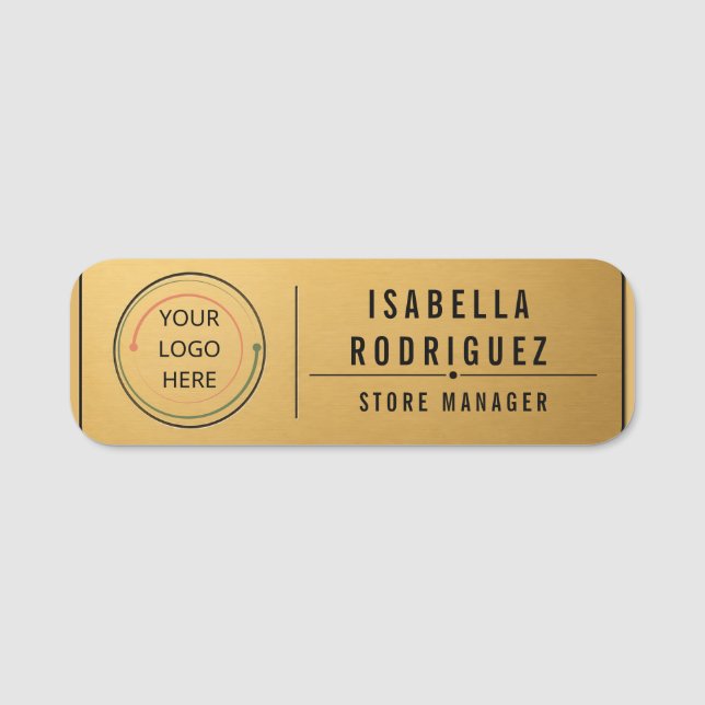 Modern Brushed Gold Logo Manager Name Tag (Front)