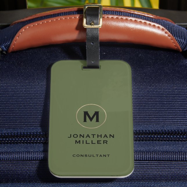 Modern Brushed Gold Monogram Olive Green Luggage Tag (Front Insitu 2)