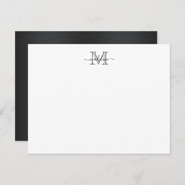 Modern Brushed Metal Black Grey Script Monogram Card (Front/Back)