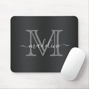 Modern Brushed Metal Black Grey Script Monogram Mouse Pad