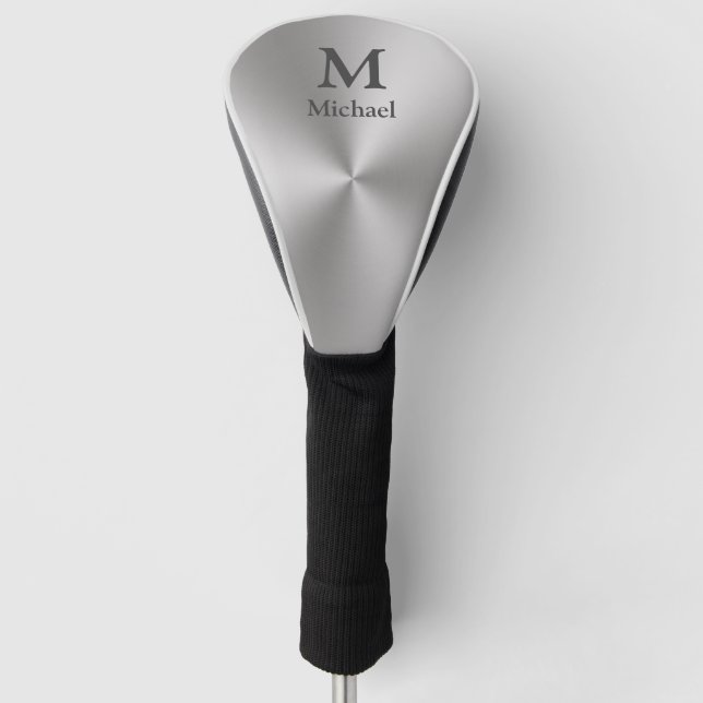 Modern Brushed Metal Look Grey Monogram & Name Golf Head Cover (Front)