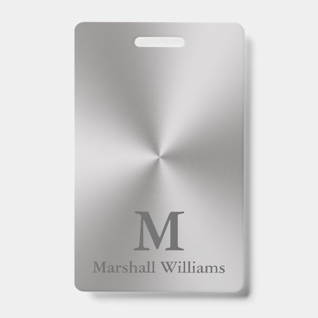 Modern Brushed Metal Look Grey Name Text Monogram ID Badge (Front)