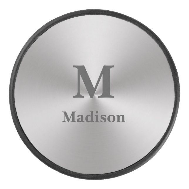 Modern Brushed Metal Look Name & Monogram Hockey Puck (Front)