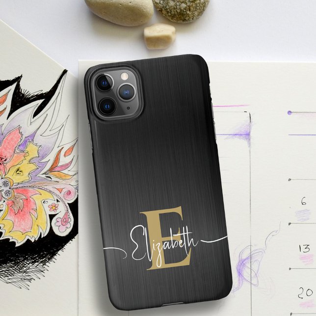 Modern Brushed Metallic Black Gold Monogram Script iPhone 16 Case (Creator Uploaded)