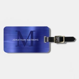 Modern Brushed Metallic Blue Monogram Luggage Tag