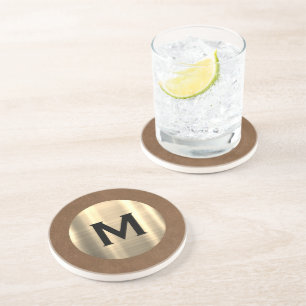 Modern Brushed Metallic Gold Monogram Coaster