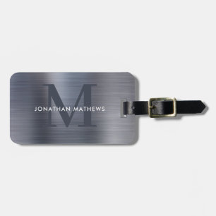 Modern Brushed Metallic Grey Monogram Luggage Tag