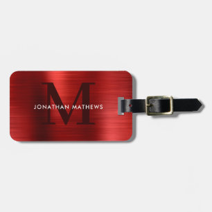 Modern Brushed Metallic Red Monogram Luggage Tag