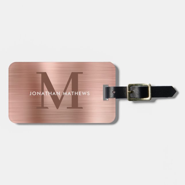 Modern Brushed Metallic Rose Gold Monogram Luggage Tag (Front Horizontal)