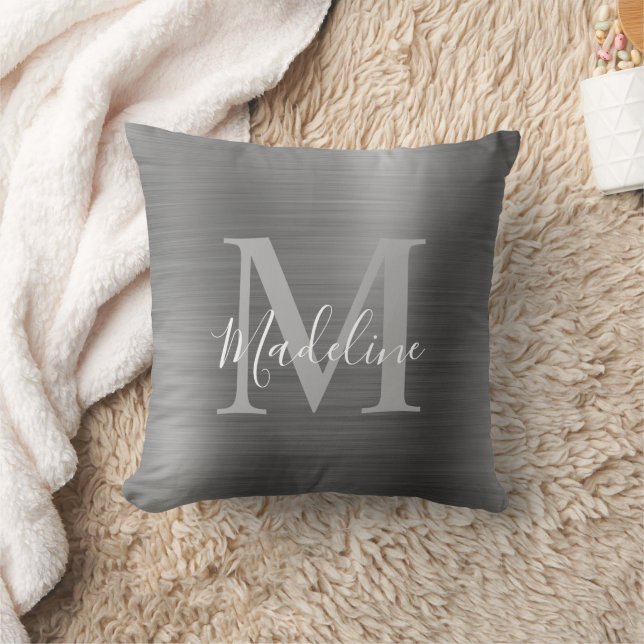 Modern Brushed Metallic Silver Grey Monogram Cushion (Blanket)