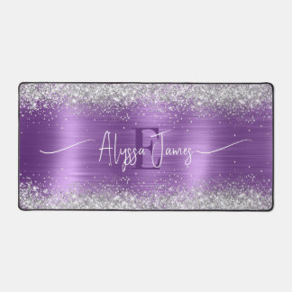 Modern Brushed Purple Foil Faux Silver Glitter Desk Mat
