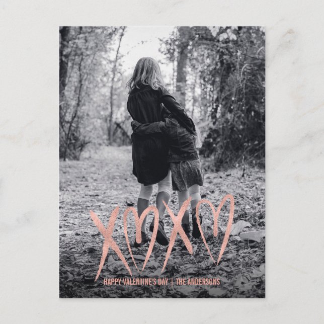 Modern Brushed Rose Gold Valentine Photo Postcard (Front)