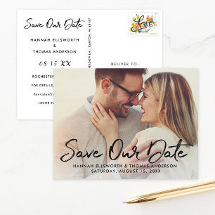 Modern Brushed Script Wedding Photo Save Our Date Announcement Postcard