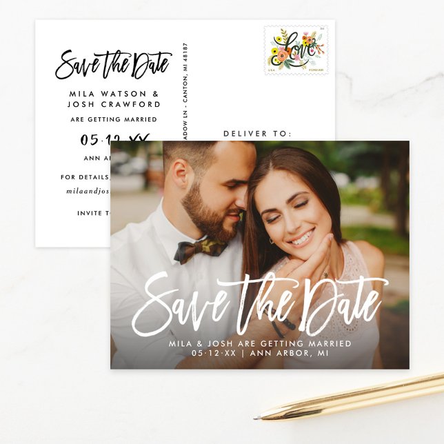 Modern Brushed Script Wedding Photo Save the Date Announcement Postcard (Creator Uploaded)