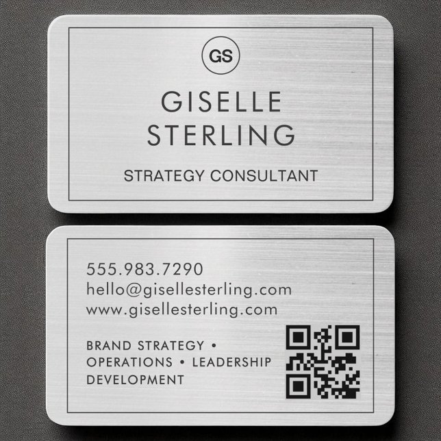 Modern Brushed Silver Monogram QR Code Business Card (Creator Uploaded)
