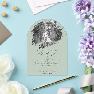 Modern Brushstroke Photo   Sage Green Wedding Acrylic Invitations