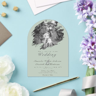 Modern Brushstroke Photo | Sage Green Wedding Acrylic Invitations