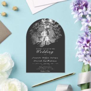 Modern Brushstroke Photo   Soft Black Wedding Acrylic Invitations