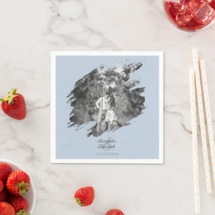 Modern Brushstroke Photo Wedding Blue Napkin