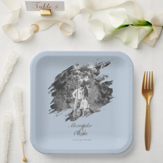 Modern Brushstroke Photo Wedding | Blue Paper Plate (Wedding)