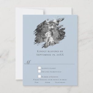 Modern Brushstroke Photo Wedding Blue RSVP Card