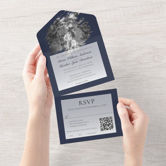 Modern Brushstroke Photo Wedding | Navy Blue All In One Invitation (Tearaway)