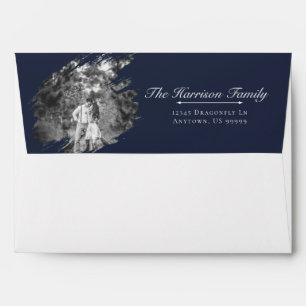 Modern Brushstroke Photo Wedding   Navy Blue Envelope