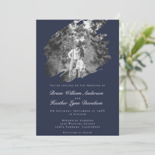 Modern Brushstroke Photo Wedding   Navy Blue Invitation