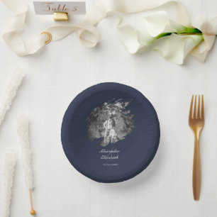 Modern Brushstroke Photo Wedding Navy Blue Paper Plate