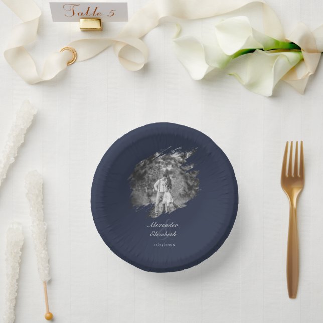 Modern Brushstroke Photo Wedding | Navy Blue Paper Plate (Wedding)
