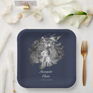 Modern Brushstroke Photo Wedding Navy Blue Paper Plate