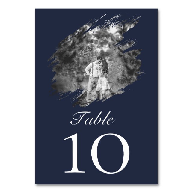Modern Brushstroke Photo Wedding | Navy Blue Table Number (Front)