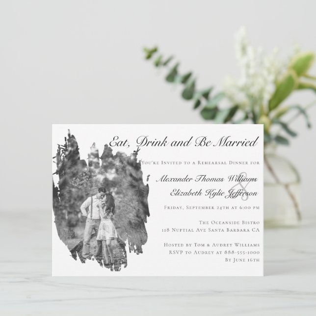Modern Brushstroke Photo Wedding Rehearsal Dinner Invitation (Standing Front)