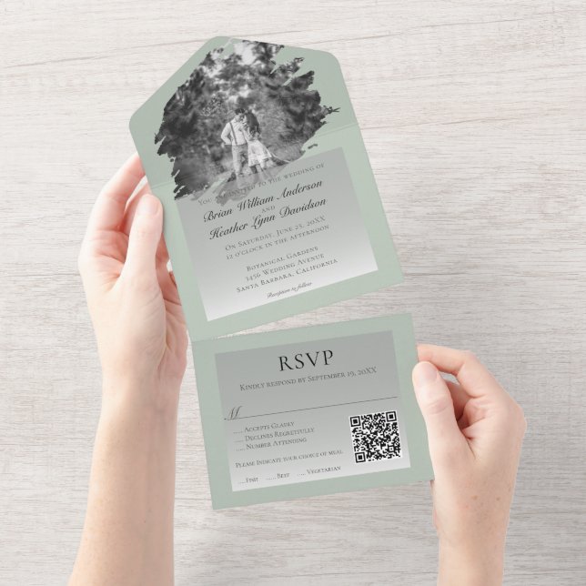 Modern Brushstroke Photo Wedding | Sage Green All In One Invitation (Tearaway)