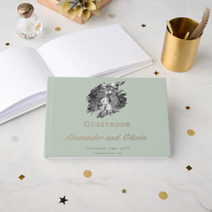 Modern Brushstroke Photo Wedding Sage Green Guest Book