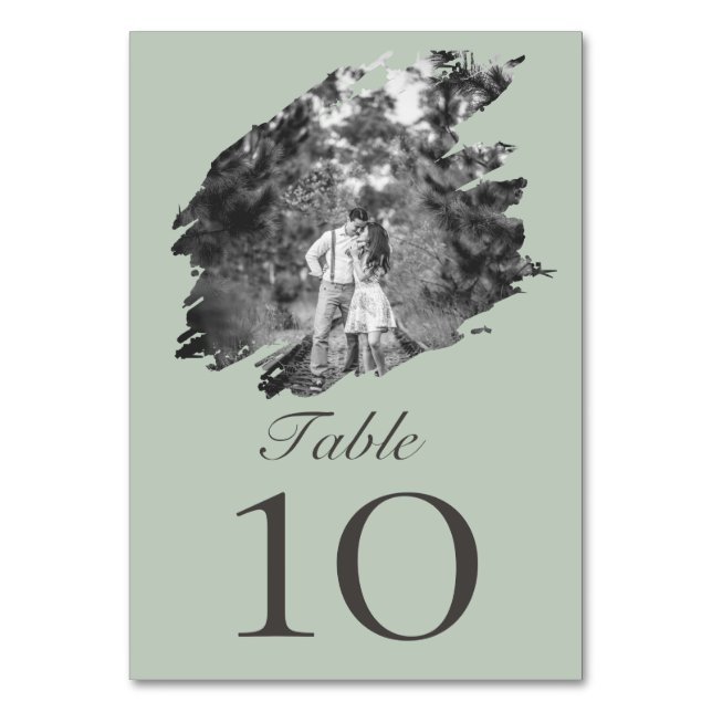 Modern Brushstroke Photo Wedding | Sage Green Table Number (Front)