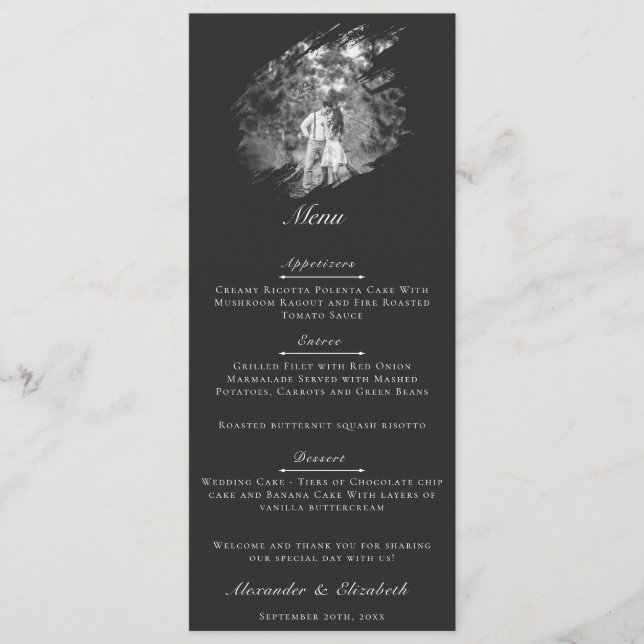 Modern Brushstroke Photo Wedding | Soft Black Menu (Front)