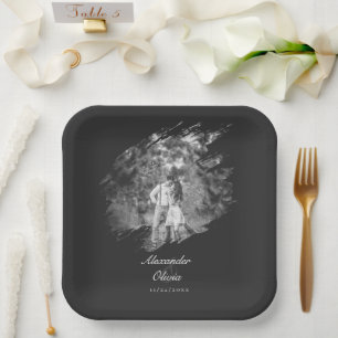 Modern Brushstroke Photo Wedding Soft Black Paper Plate