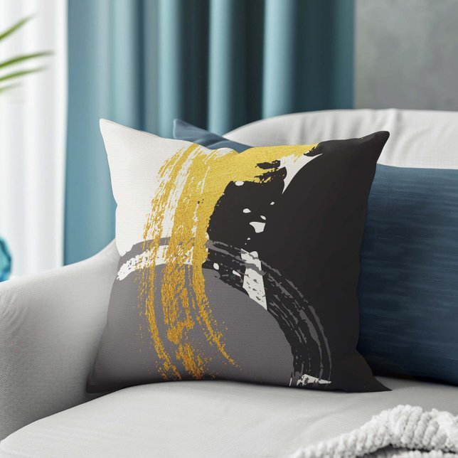 Modern Brushstrokes - Gold, Grey & Black Cushion (Creator Uploaded)