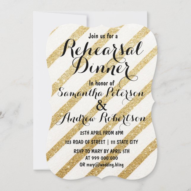 Modern brushstrokes gold stripes rehearsal dinner invitation (Front)