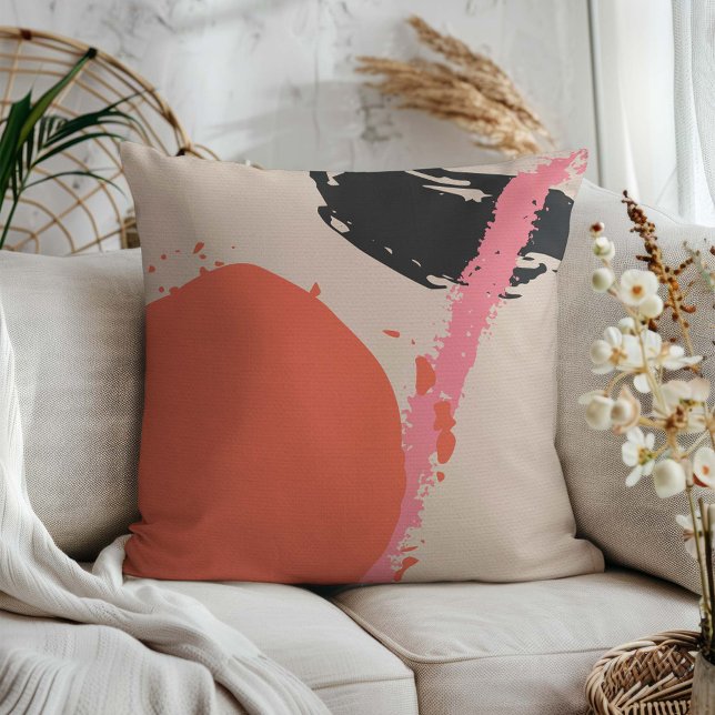 Modern Brushstrokes - Pink, Peach & Black on Beige Cushion (Creator Uploaded)