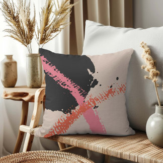 Modern Brushstrokes - Pink, Peach & Black on Beige Cushion