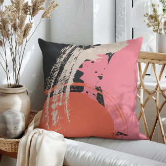 Modern Brushstrokes - Pink, Peach & Black on Beige Cushion