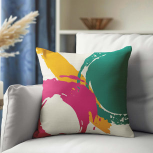 Modern Brushstrokes - Pink, Teal & Yellow on Cream Cushion
