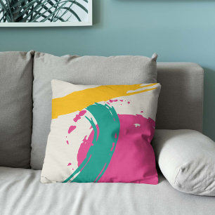 Modern Brushstrokes - Pink, Teal & Yellow on Cream Cushion