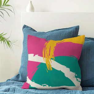 Modern Brushstrokes - Pink, Teal & Yellow on Cream Cushion