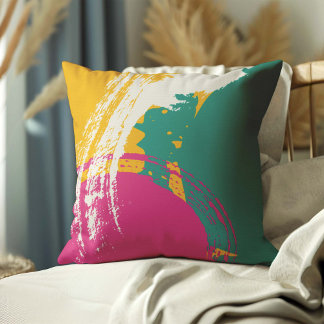 Modern Brushstrokes - Pink, Teal & Yellow on Cream Cushion