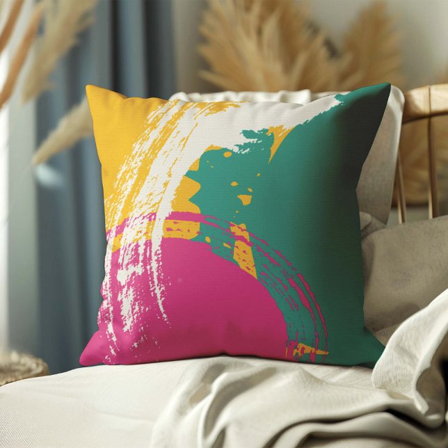 Modern Brushstrokes - Pink, Teal & Yellow on Cream Cushion (Creator Uploaded)