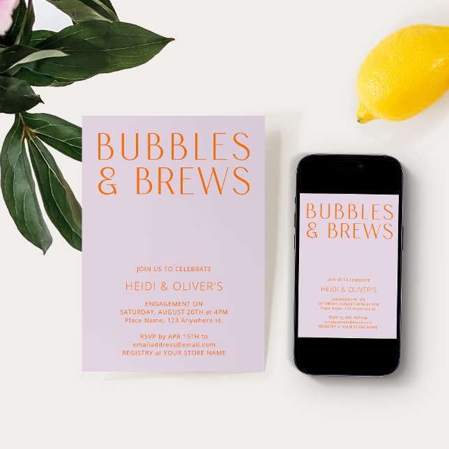 Modern Bubbles & Brews Purple & Orange Engagement  Invitation (Creator Uploaded)