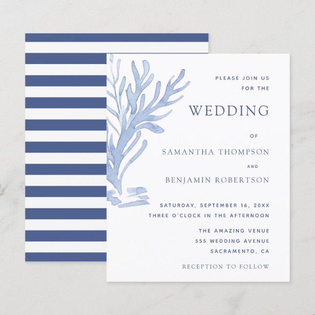 Modern Budget Beach Wedding Invitations Blue White (Front/Back)